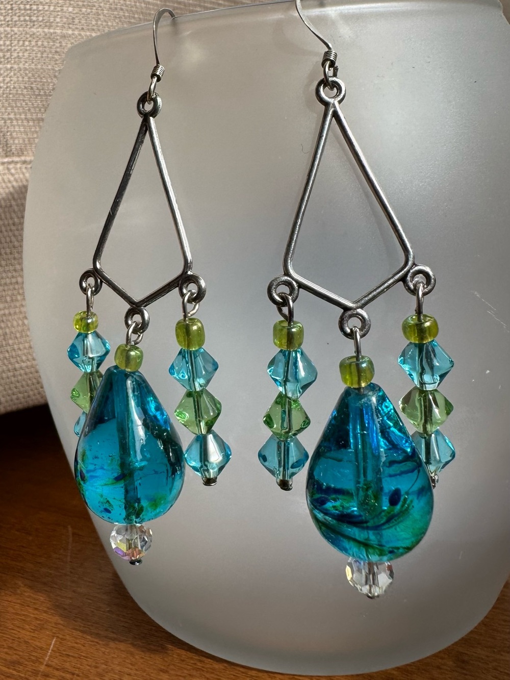 Handmade Blue Teardrop & Green Bead Dangle Earrings - Lightweight Women Jewelry